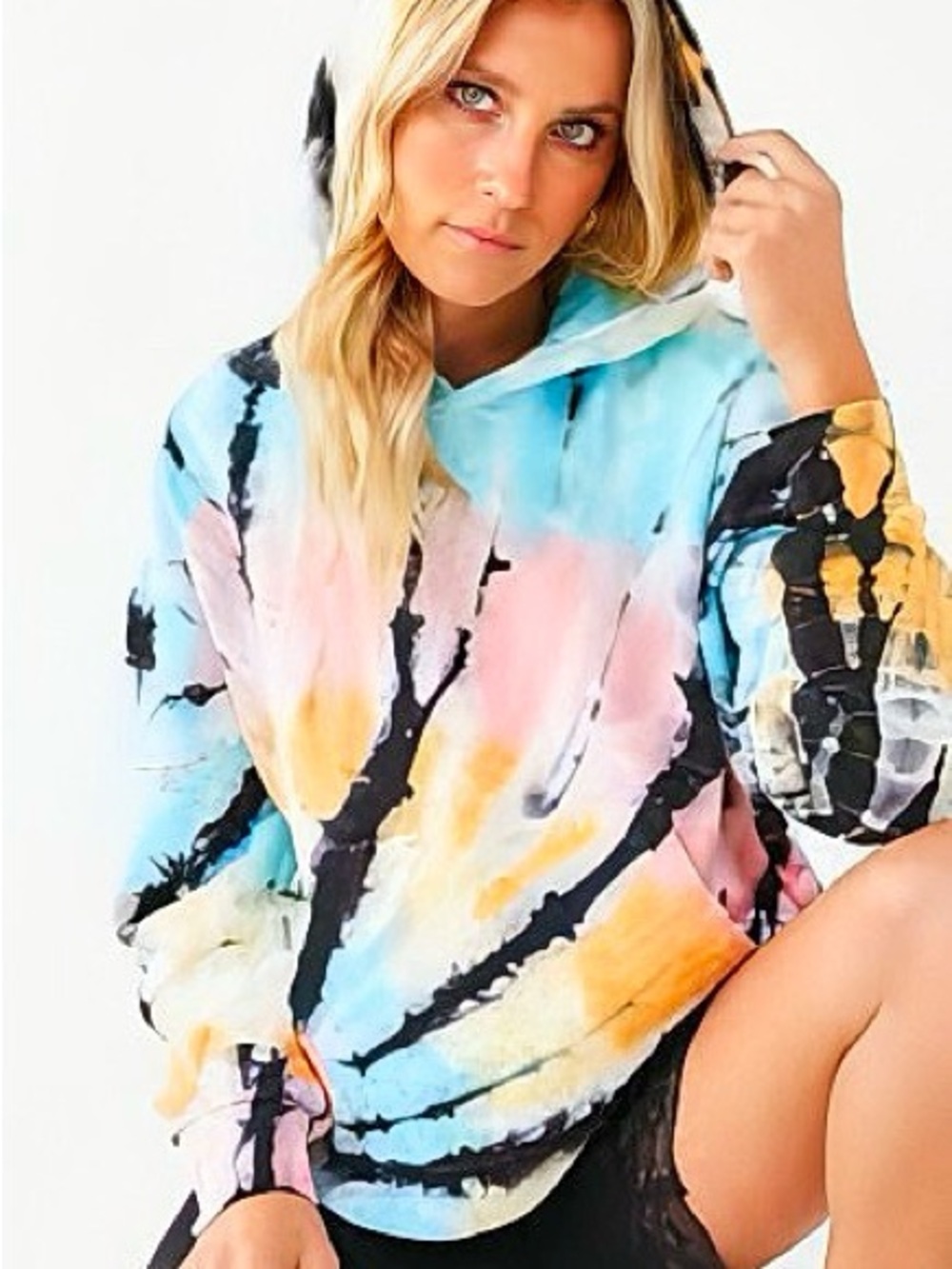 Forever 21 Tie-Dye Black and Multicolor Pullover Cropped Hoodie
